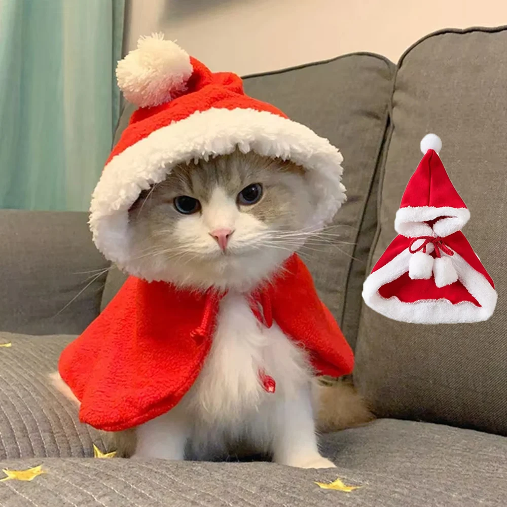 

New Funny Cat Christmas Costume Santa Cosplay Pet Christmas Cape Dress Up Clothes Warm Red Scarf Cloak With Hat Pet Accessories