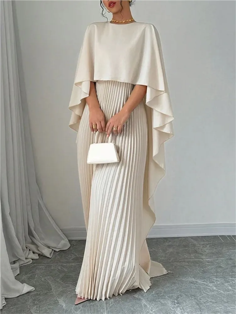 Women Solid 2 Piece Set Spring Autumn Cape Sleeve Overlay Top Pleated Long Skirt Elegant Wedding Guest Evening Party Outfit