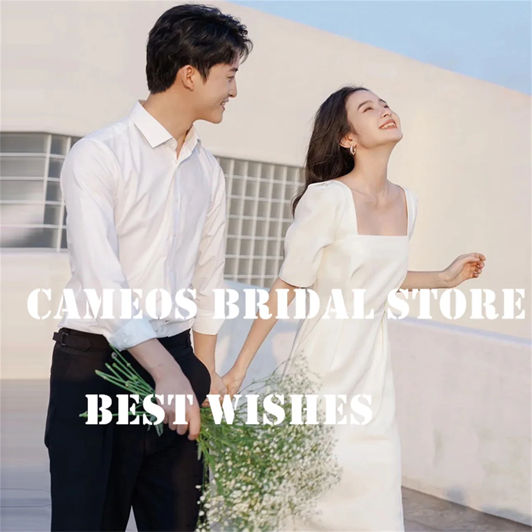 SONDR Custom Made Satin Wedding Dresses Square Collar High End Half Sleeves Korea Ankle Brides Gowns Ivory Women Bridal Dresses