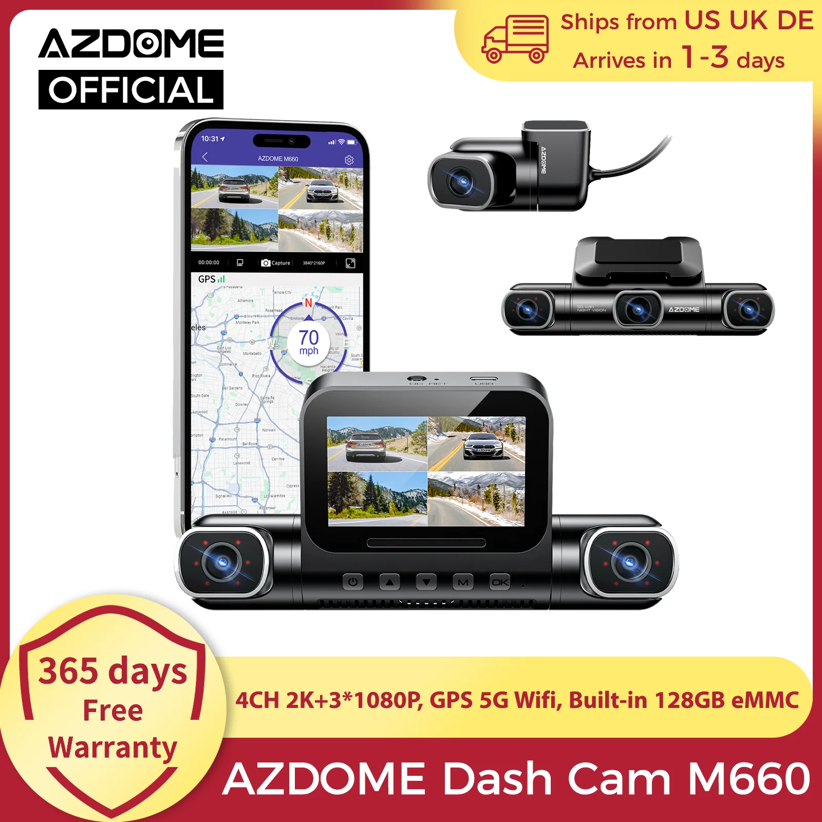 AZDOME Dash Cam M660 2K+3*1080P 4CH Car DVR GPS 5G Wifi Built-in 128GB eMMC Voice Control 24H Parking Monitor Super Night Vision