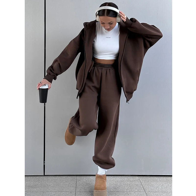 Autumn and Winter Women\'s Hoodie Pants Suit Fashion Street Style Fleece Cardigan Hooded Sweatshirt Warm Loose Sports Pants Set