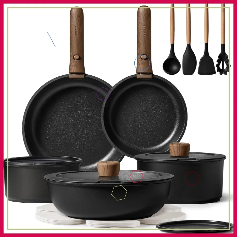 

19-Piece Non-Stick Cookware Set with Detachable Handle, Induction Compatible, Oven/Dishwasher/Fridge Safe for Space Saving