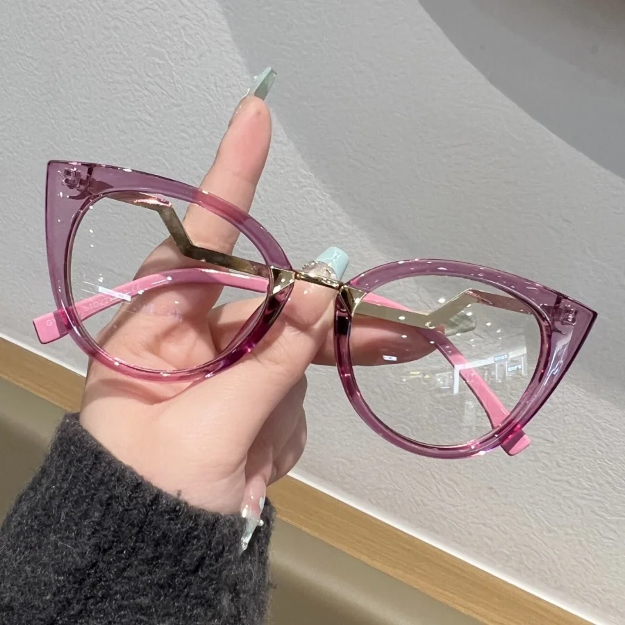 1Pc Unisex Stylish Retro Cat Eye Design, Curved Legs, Flat Glasses, Metal Accessories, Trendy, Retro, Sweet