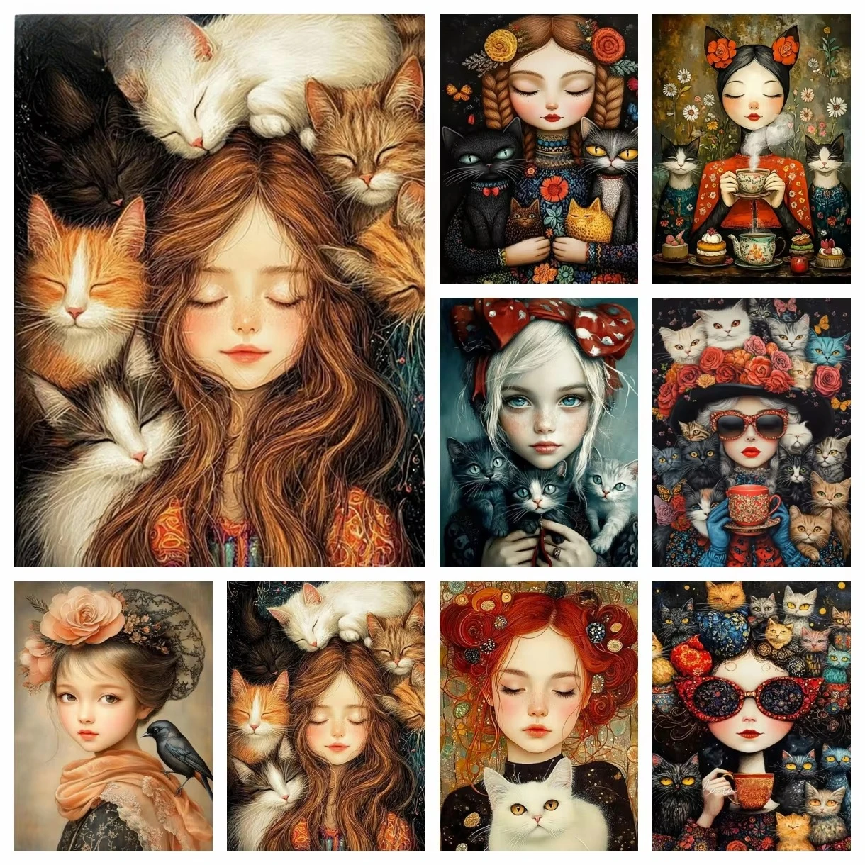 Mädchen und Katze Blumen Diamantmalerei Vollrund 5D DIY Bohrer Stickerei Kreuzstich Deko Heimkunst Mosaik-Sets Strass Geschenke