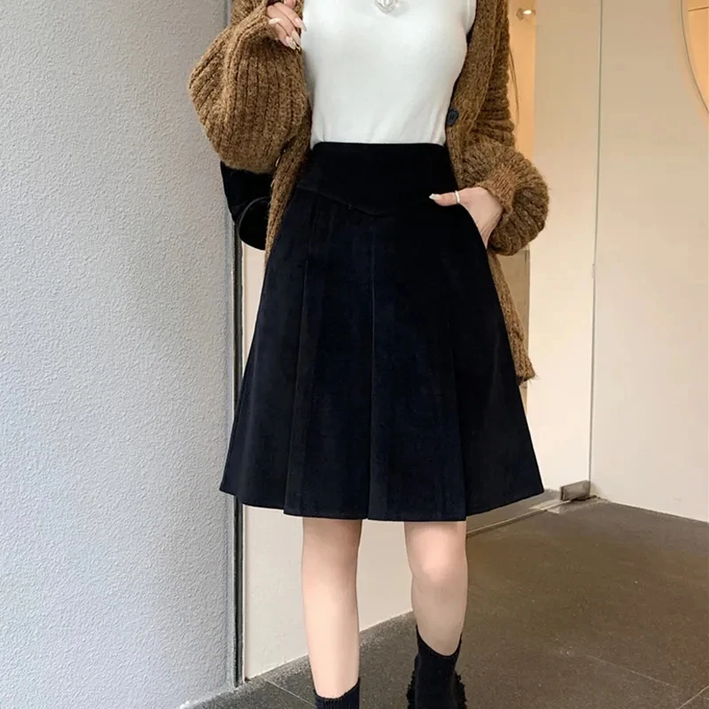 Skirt Half-body Skirt Women Autumn Winter New Middle Skirt To Knee High Waist Temperament Skirt  Corduroy Gentle