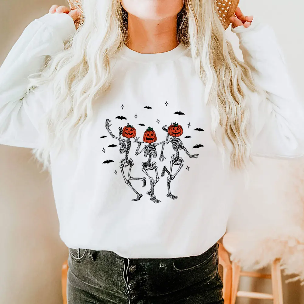 

Dancing Skeleton Pumpkin Women Halloween Sweatshirt Unisex Autumn Winter Funny Casual Long Sleeve Top Holiday Top Gift for Her