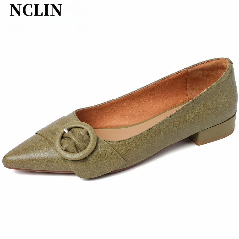 

NCLIN Genuine Leather Women Pumps Spring Summer Low Heels Pointed Toe Mature Concise Basic Office Lady Working Shoes Woman New