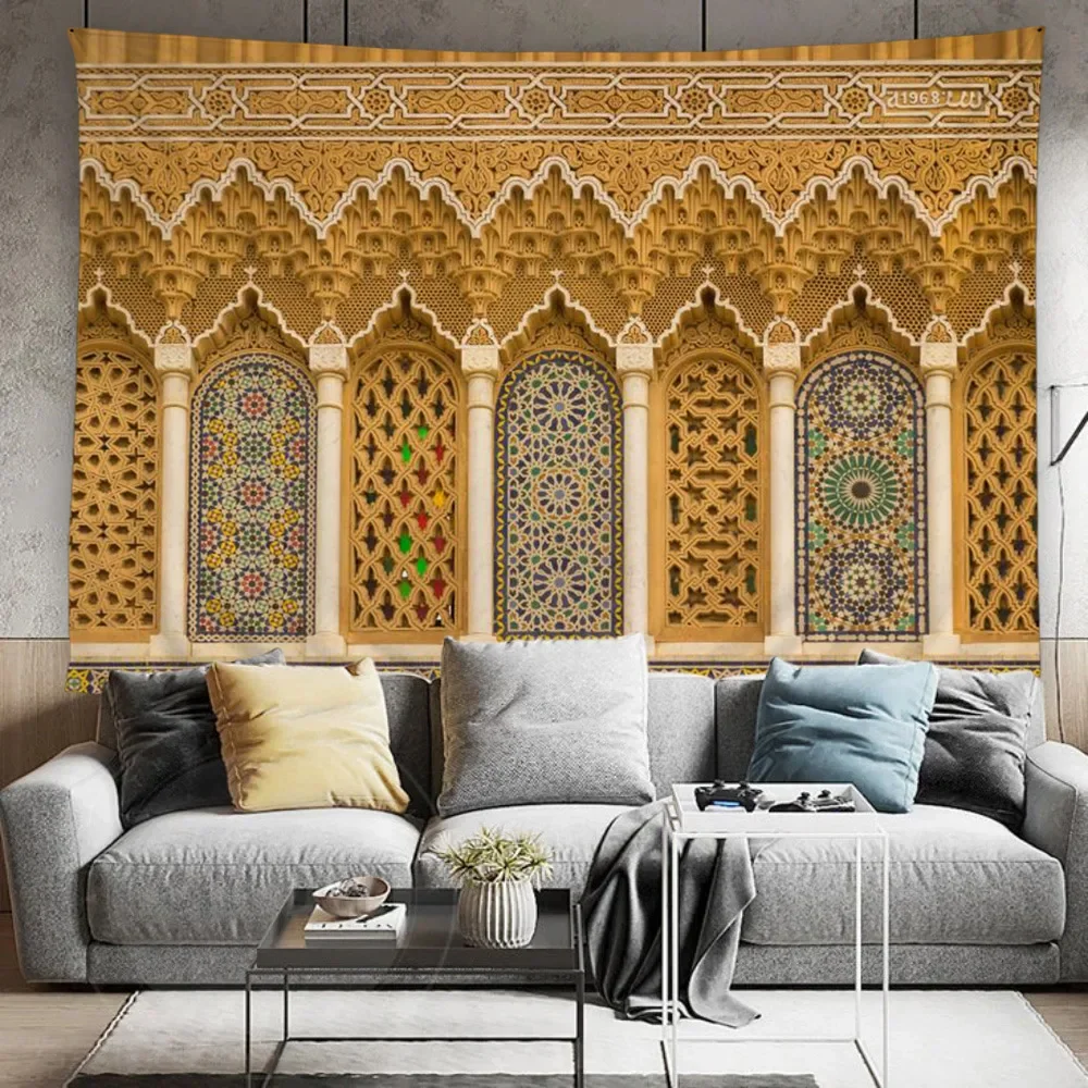 Marokkanischer architektonischer Wandteppich, Wandbehang, islamischer Vintage-Stil, luxuriös, geometrisch, europäisch, böhmische Heimdekoration, Wandteppich, Wandbildschirm