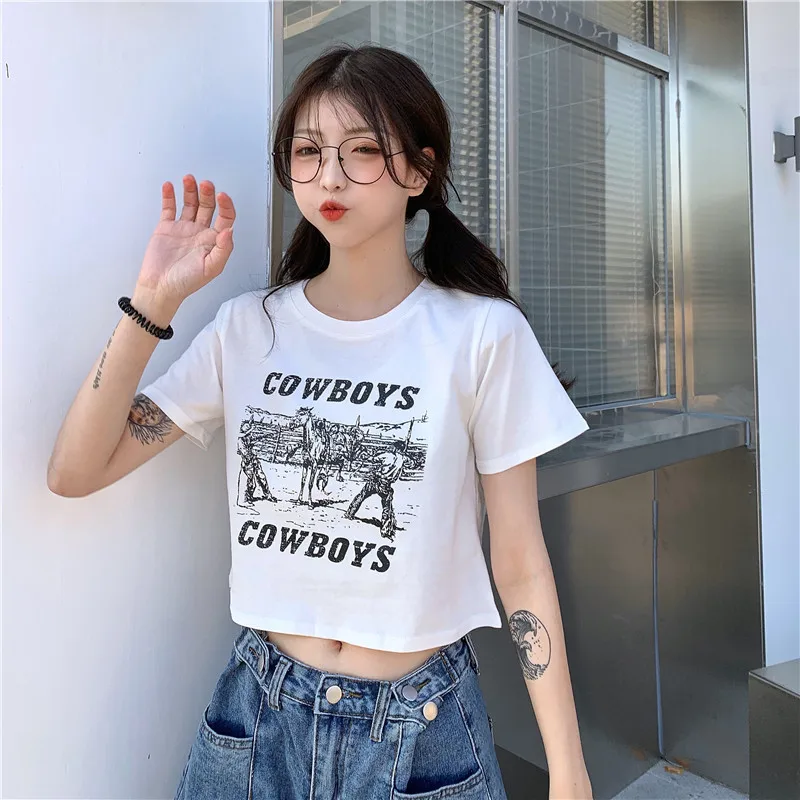 Neues Damen Sommer Vintage Bedrucktes Casual T-Shirt Slim-Fit Crop-Top Mädchen Frauen Kurzarm-Basisshirt Damen Freizeit-T-Shirt