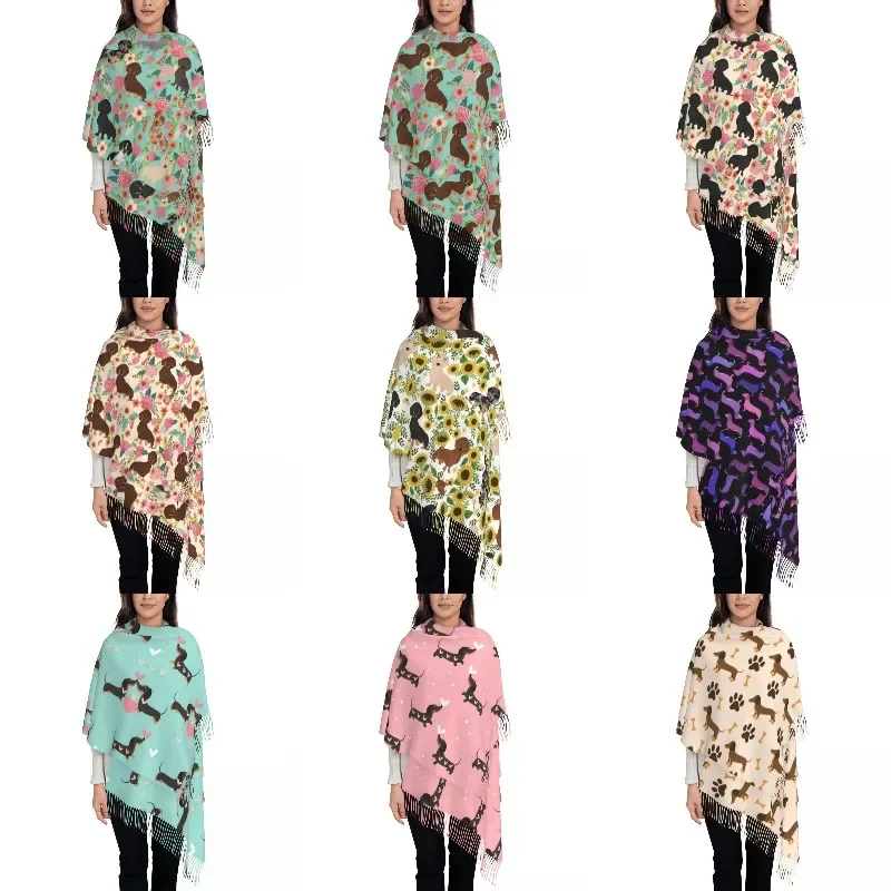 Fashion Dachshund Floral Dog Patterns Tassel Scarf Women Winter Warm Shawl Wrap Lady Puppy Sausage Pet Scarves