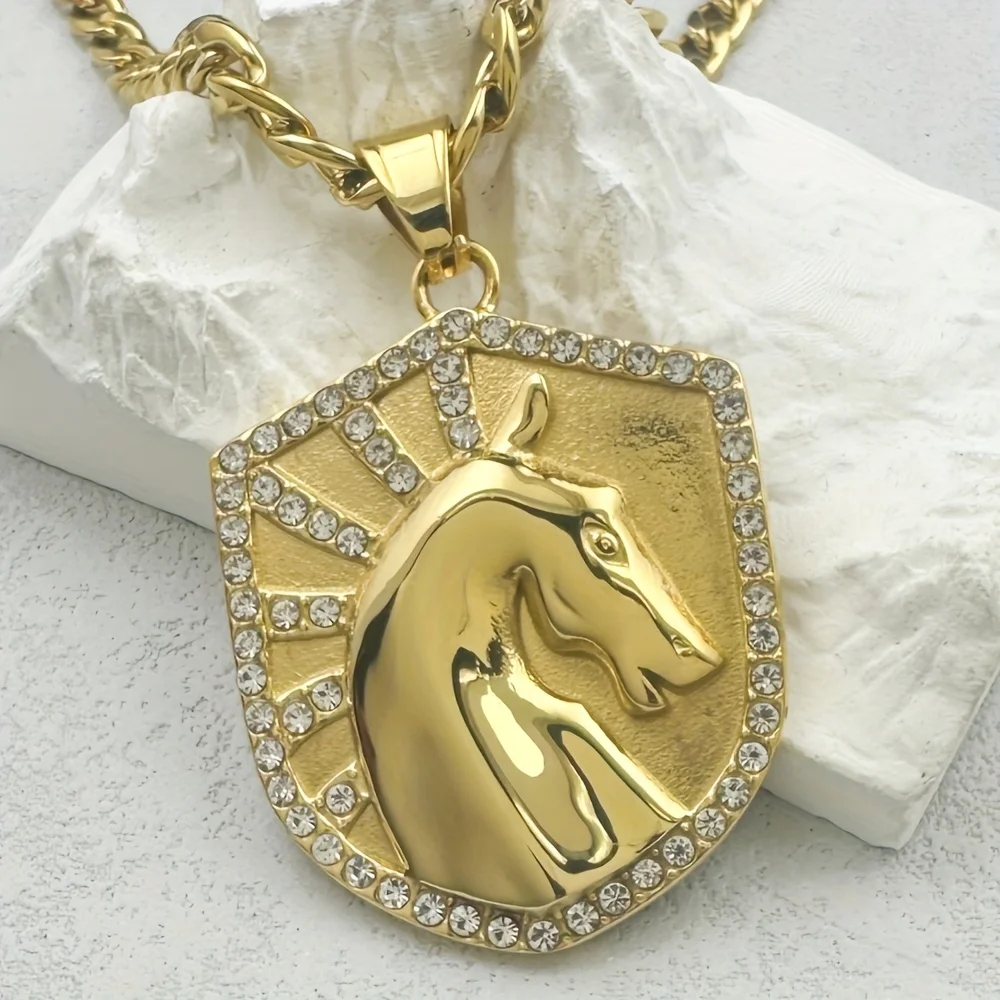 Horse Head Shield Shape Medallion Pendant Necklace,316L Stainless Steel Gold Color Inlaid Rhinestones Vintage Hip‑hop Jewelry