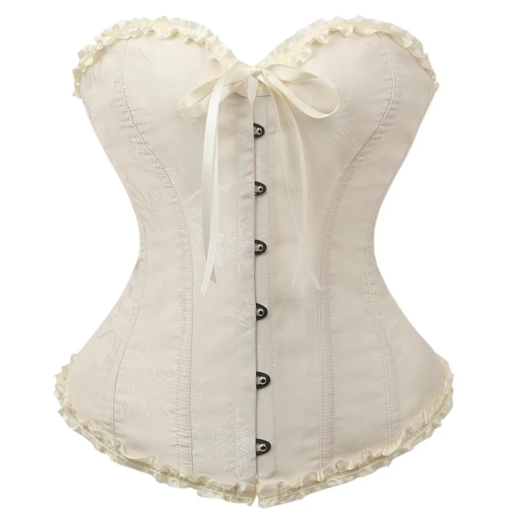 Jacquard Fabric Overbust Corset Lace-Up Ruffled Trim Fishbone Corset Plastic Boned Body Shaper For Ladies and Girls