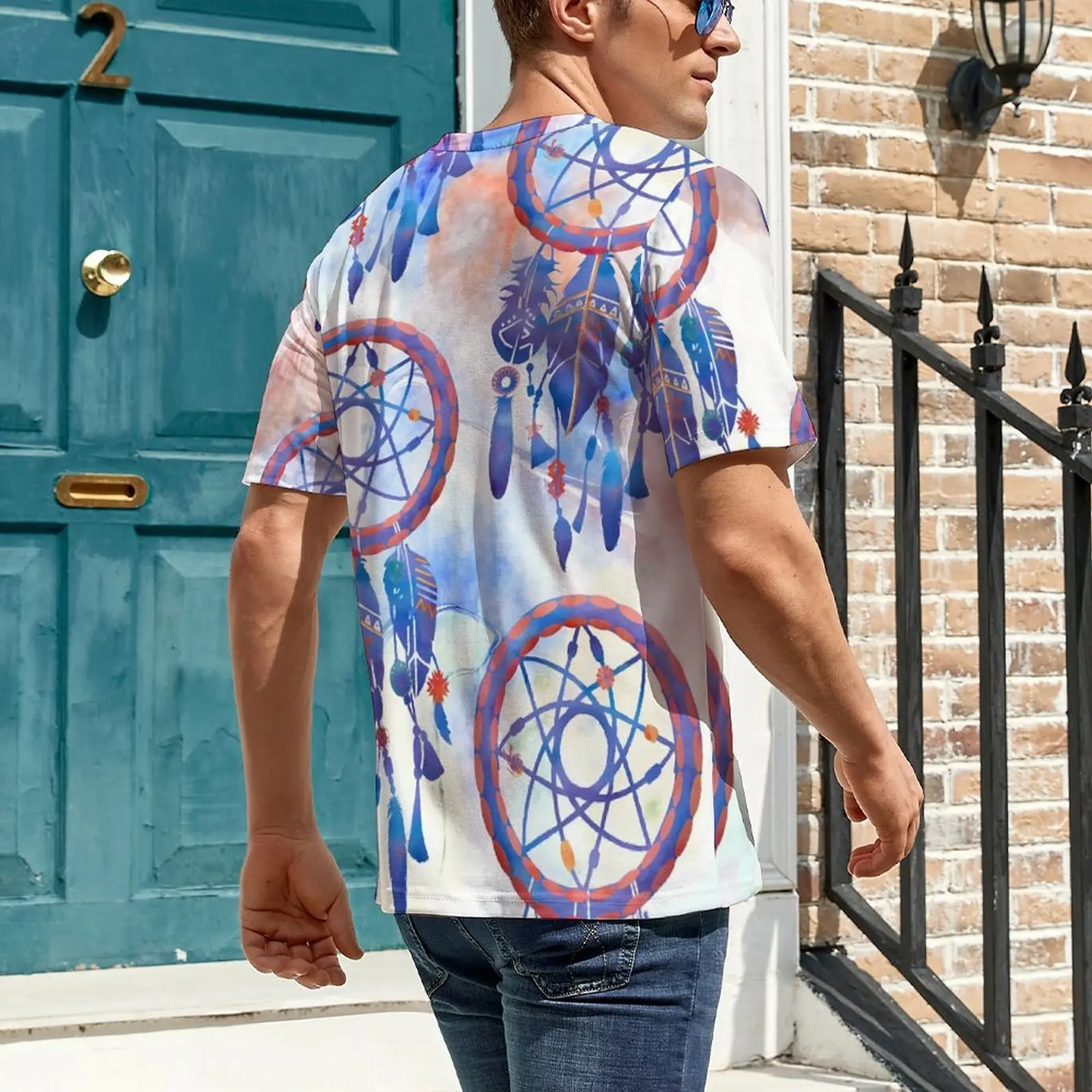 Blue Dream Catcher T-Shirt For Man Modern Boho Print O Neck T Shirts Summer Hippie Tops Short-Sleeved Kawaii Big Size Tees