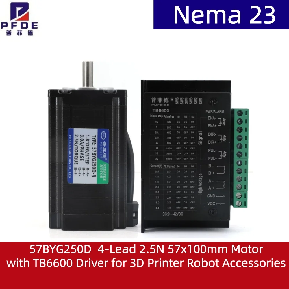 Nema 23 Stepper Motor High Torque 57BYG250D  4-Lead 2.5N 57x100mm Motor with TB6600 Driver for 3D Printer Robot Accessories