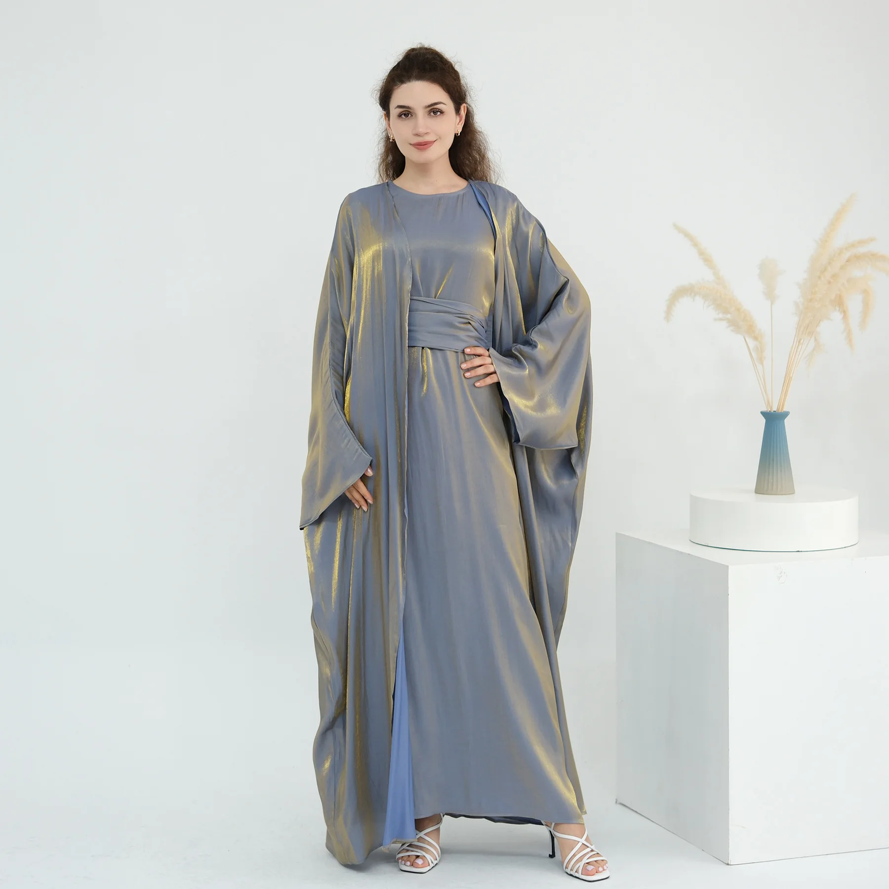 

2 Pcs Muslim Sets Solid Color Islamic Clothing Luxurious 2pcs Abaya Set Shimmer Maxi Abaya Set Sleeveless Dress with Open Abaya