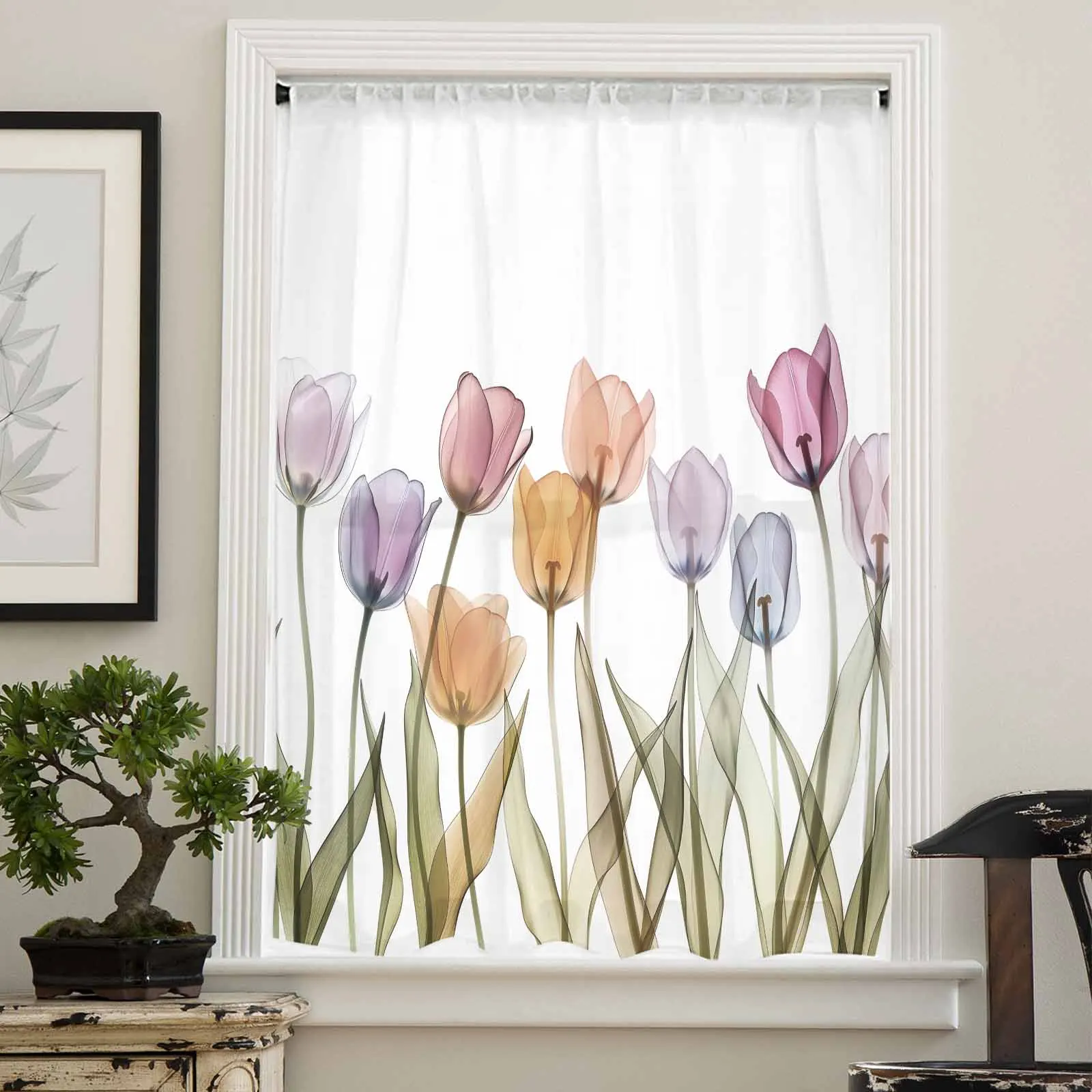 Minimalist Floral Watercolor X-Ray Sheer Curtains for Living Room Bedroom Window Treatment Kitchen Chiffon Curtain