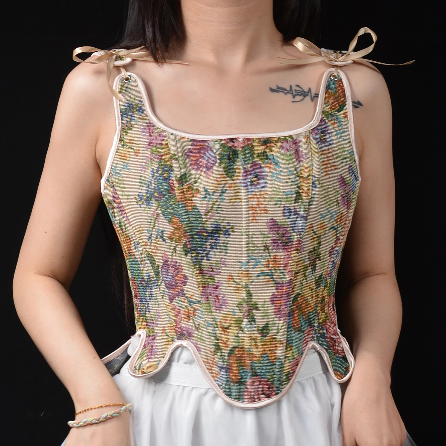 Cute Vintage Floral Jacquard Corset Embroidery Bustier Top Retro Lace Up Corset Renaissance Corset Camisole Vest