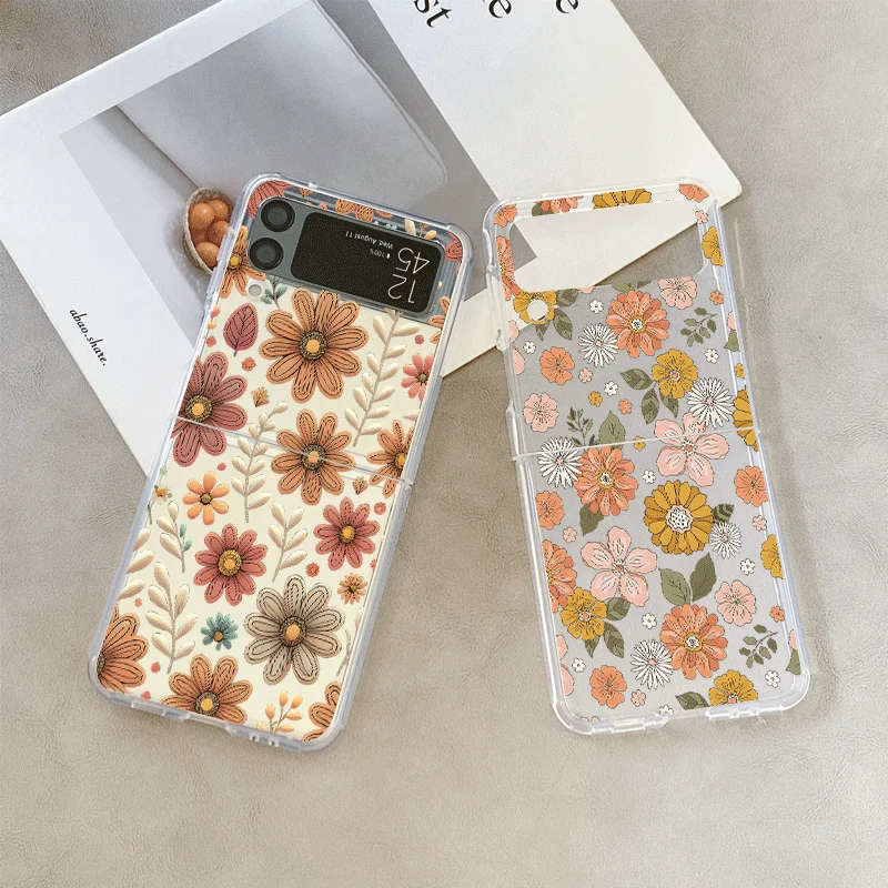Vintage Flower Print Phone Case for Samsung Galaxy Z Flip 5 4 6 7 Transparent Soft Cover for Zflip 4 3 5G Floral Pattern Fundas