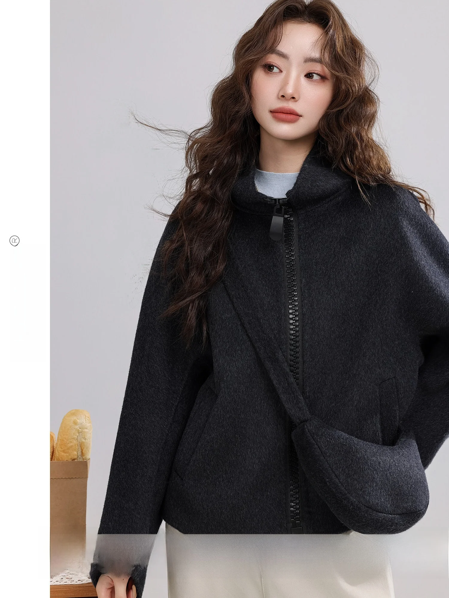 

Двустороннее шерстяное пальто с глубокими глазами, свободное женское корейское модное зимнее новое поступление, удобное длинное пальто на молнии све