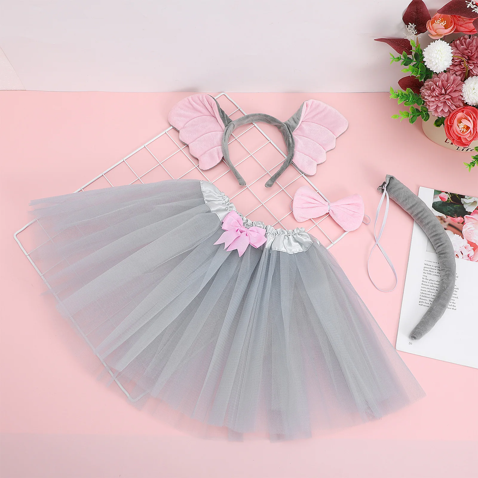 

Elephant Costume Set Gauze Skirt Headband Ears Hair Accessories Decorative Bow Tie Tail Kids Halloween Party Dress Up Props