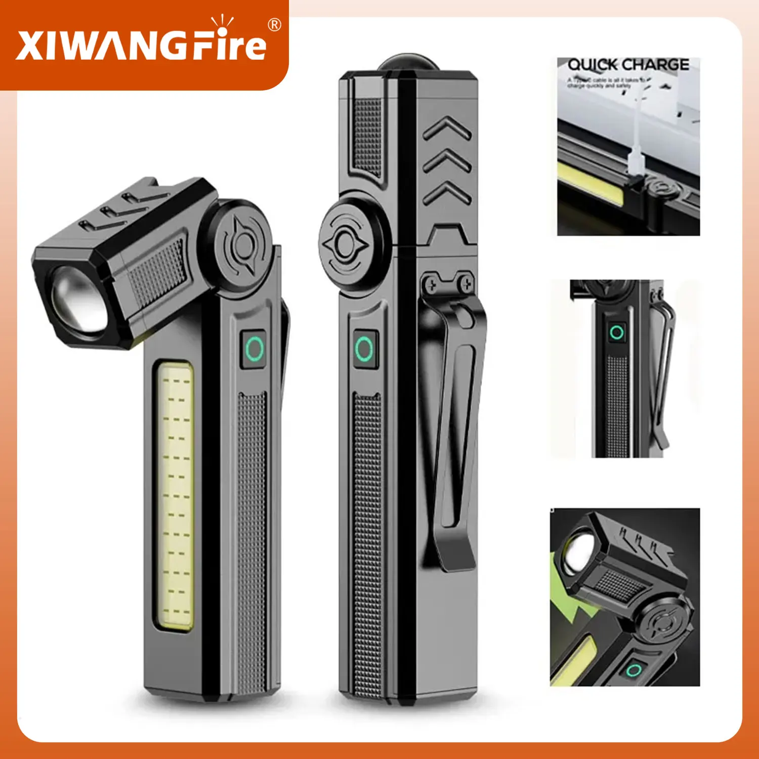 

Portable Rechargeable Work Lights LED Folding Torch with Magnetic Base COB Light 90°Rotate Camping Emergency Lamp