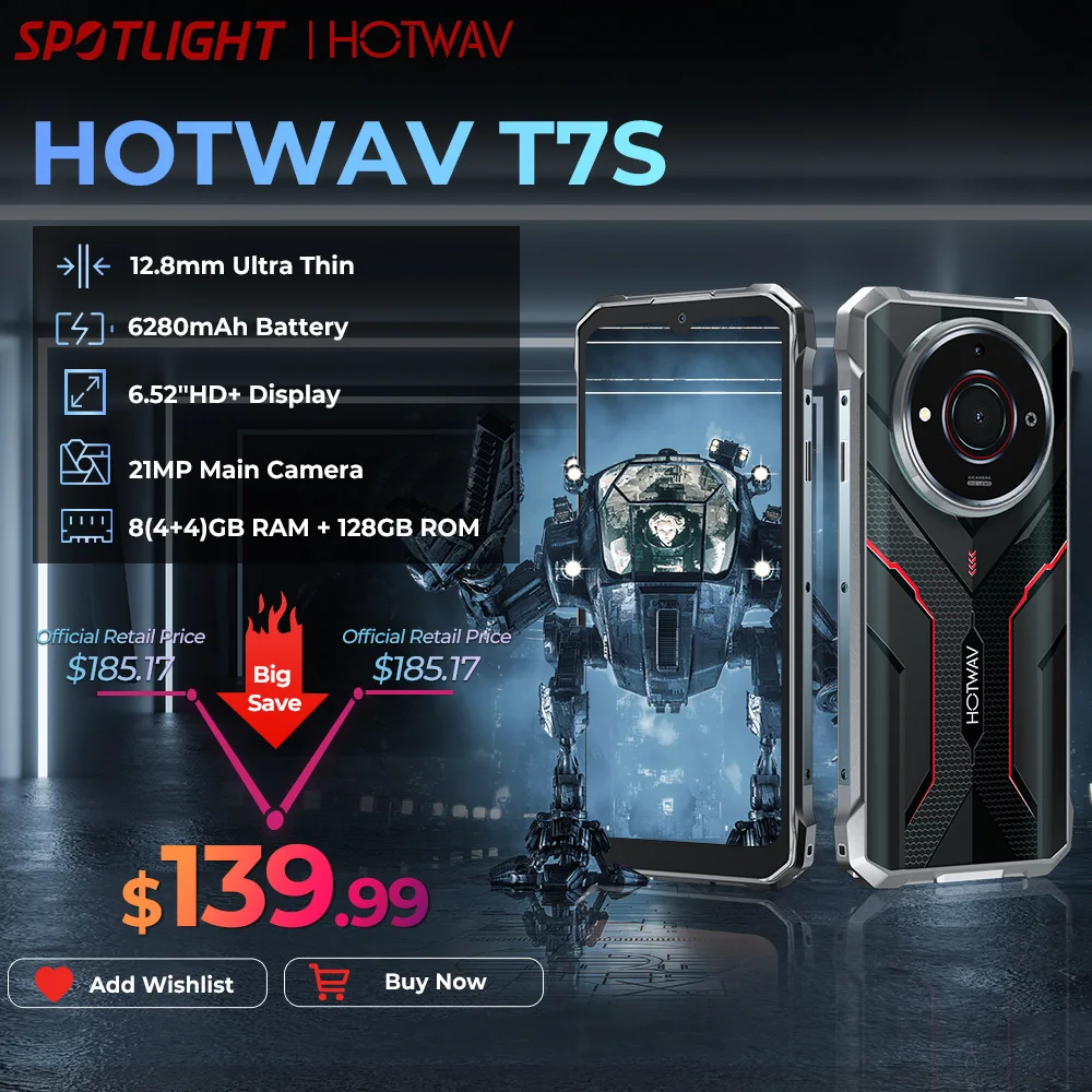 

[Мировая премьера] HOTWAV T7S Ультратонкий прочный смартфон 6,52 дюйма HD + 4 ГБ ОЗУ 128 ГБ ПЗУ Мобильный телефон 6280 мАч Аккумулятор 21 МП Мобильный телефон