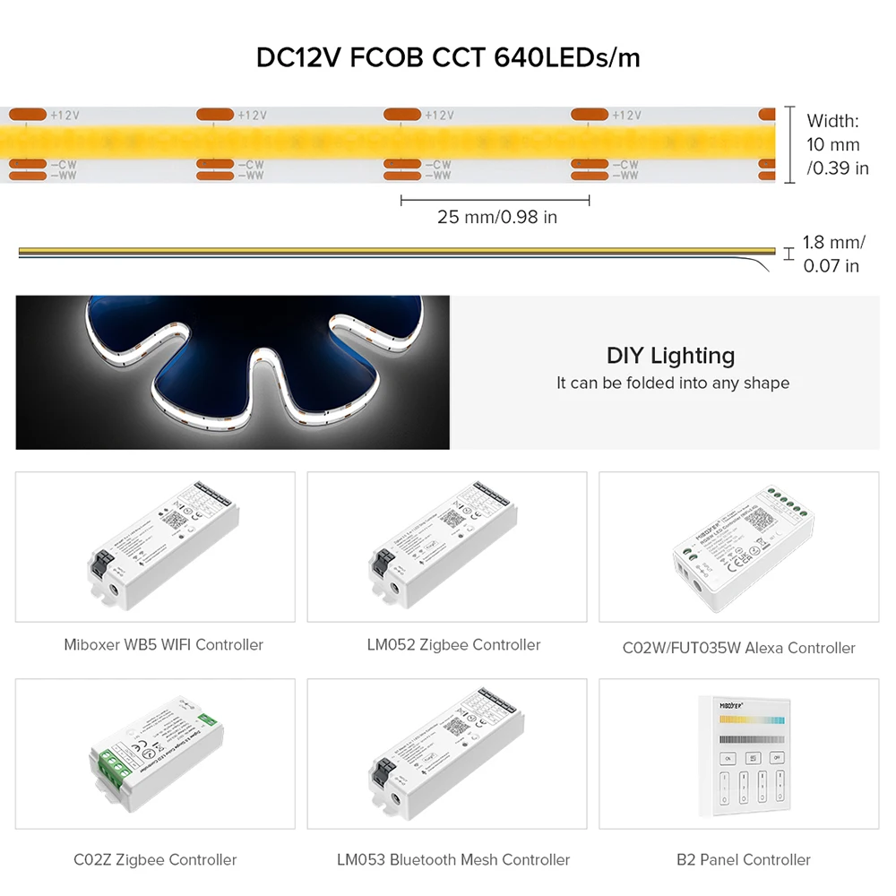 FCOB CCT Light Strip FOB COB LED 10mm Led Lights RA90 640 LEDs High Density Flexible Warm White with White Linear Dimmable DC24V