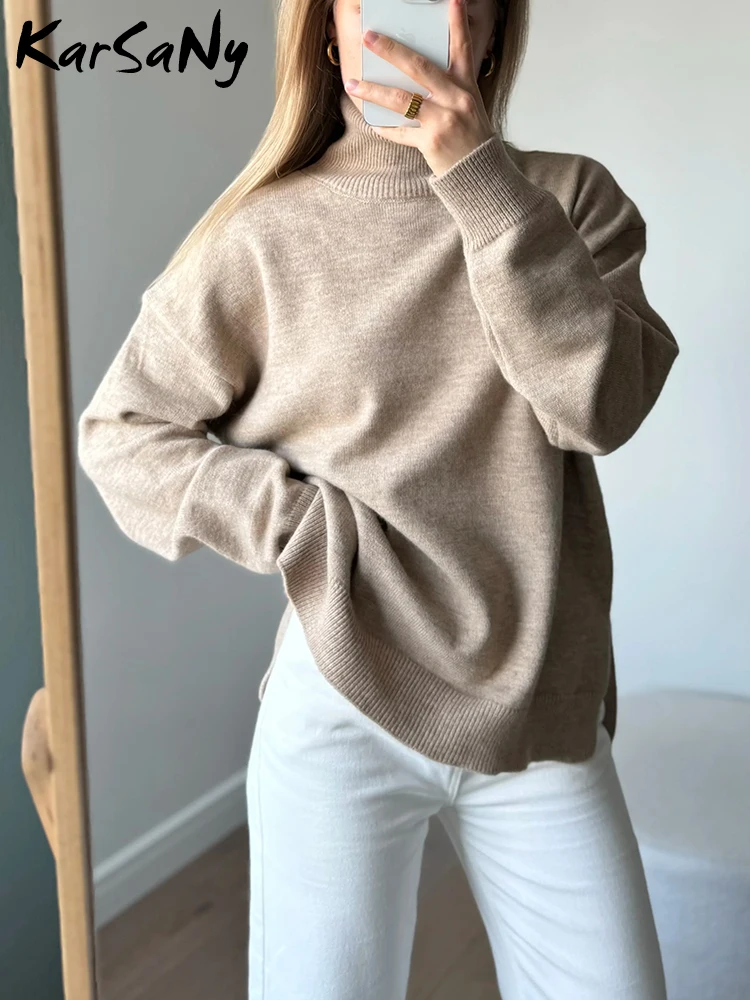 Warm Autumn Turtleneck Sweaters For Women Oversize Solid Pink Pullover Women\'s Sweater With Split Side Oversized Sweaters Woman