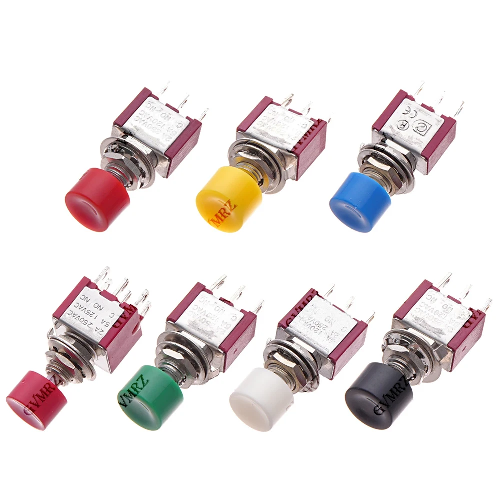 5PCS 2A 250VAC/5A 120VAC Button Switch 3Pin 6Pin C-NO-NC 6MM Mini Momentary Automatic return Push Button Switch ON-(ON) Red Cap - view 5