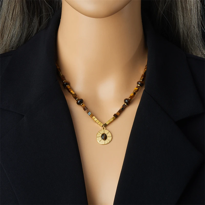 DIEYURO 316L Stainless Steel Square Beaded Vintage Tiger Eye Pendant Necklace For Women Fashion Trend Neck Chain Jewelry Gift