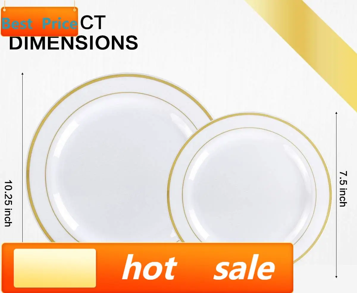 

hot-selling350 Piece Gold Dinnerware Set,100 Plastic Plates, 50 Cups,50 Pre Rolled Napkins with Plastic Silverware, Disposable G