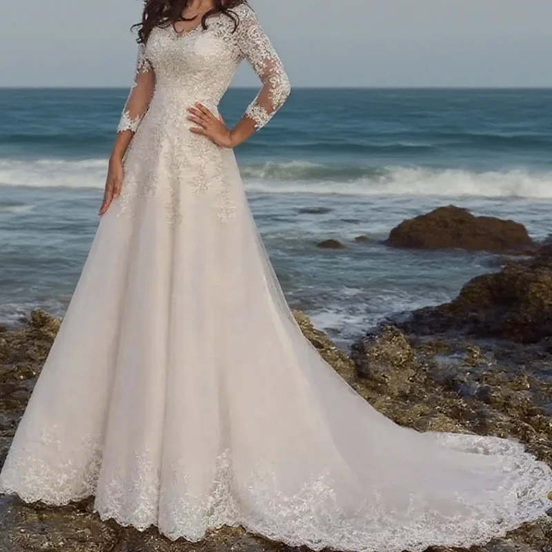 

Long Wedding Dress 3/4 Sleeves V Neck Lace Appliques A Line Tulle Bridal For Women Robe Customized ﻿
