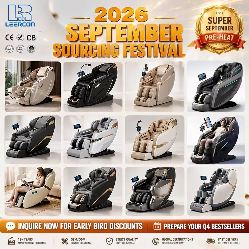 Massage Chair For LEERCON AI Slate Grey Brown Leather Gold Speaker Wireless Charge Diamond Quilt Heated SL Track view 2