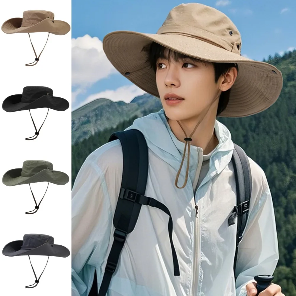 

Quick-dry Hiking Fisherman Hat UV Protection Big Brim Drawstring Sun Hat Sunshade Sunscreen Men Bucket Cap Mountaineering