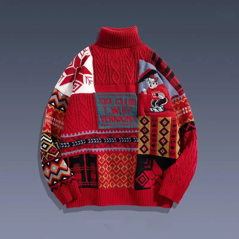 Cute Bear Knitting Sweater Oversize Men High Street Winter Turtleneck Pullover Loose Harajuku Couple Sweaters Velvet Jumpers