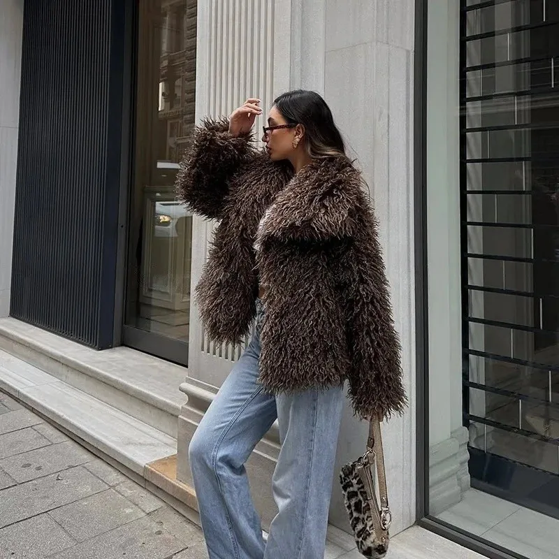Faux Mongolia Sheep Fur Coats Women Solid Short Jackets Turn Down Collar Open Stitch Thick Straight Casual 2026 Autumn Winter