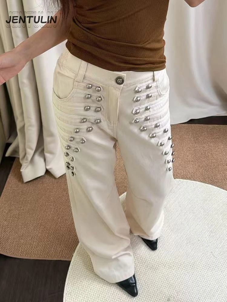 Y2K Women Gothic Jeans American Retro Metal Buckle Detail Loose Wide Leg Floor Length Trousers Grunge Street Casual Long Pants