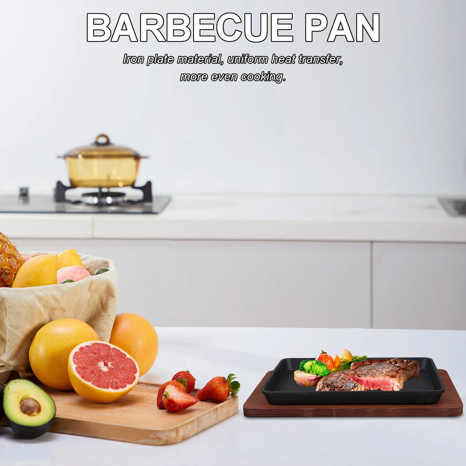 

Cast Iron Large Rectangular Grill Pan for Steaks Fish Frying Baking with Wooden Tray Heavy Duty Steak Plate Skillet