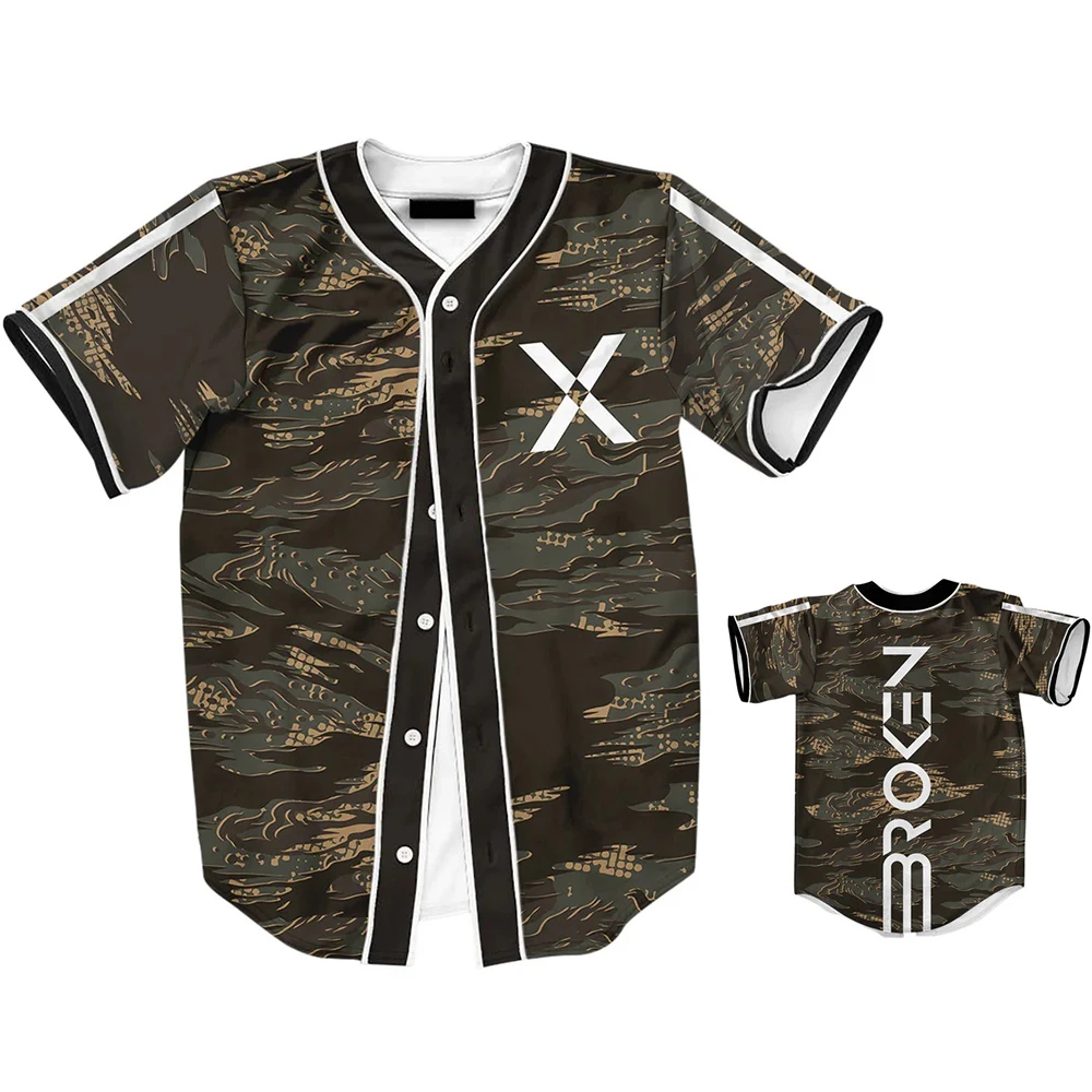 Camiseta de béisbol con botonadura simple, camisa de manga corta con estampado de la serie Camo, estilo universitario juvenil y Vitality, MB27