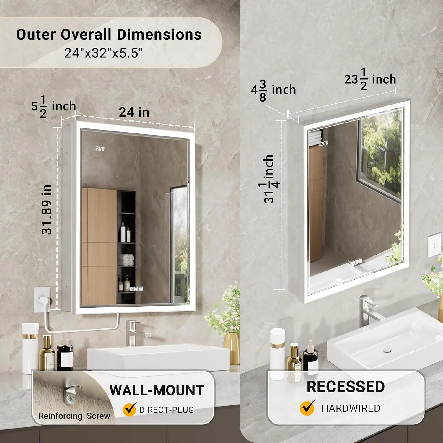 Beveled Lighted Medicine Cabinet with Mirror & Lights -24x32 Surface or Recessed Mirrored Medicine Cabinet with Outlet & Clock
