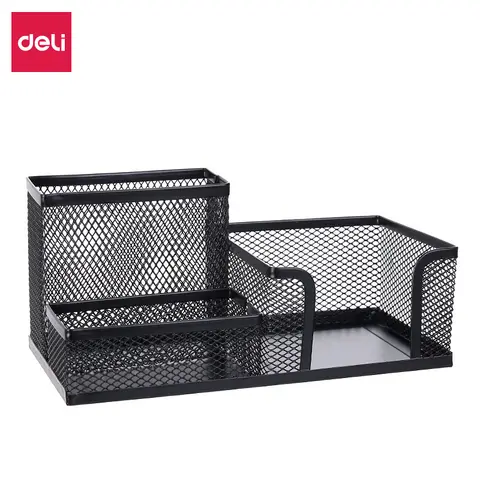 Deli Metal Mesh Square Pen Holder Multi-functional Three Grid Desktop Storage Box Simple Office Supplies for Business