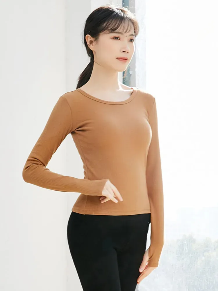 ถักสีทึบคอลูกเรือแขนยาว SLIM FIT Dance TOP สําหรับผู้หญิง,บัลเล่ต์ฝึกหรือ STAGE Performance Wear