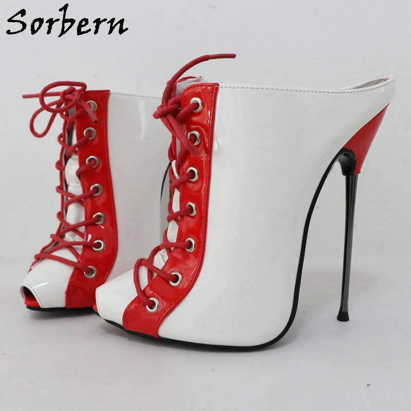 Sorbern White And Red Women Pump Mules Stilettos Metal High Heel Peep Toe Slip On Summer Shoes 14-18Cm Lace Up Shoes