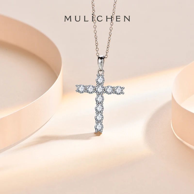 MULICHEN 3.5mm Moissanite Diamond Cross Pendants Necklace God Accessories 925 Sterling Silver Jewelry Real Certified Men Pendant