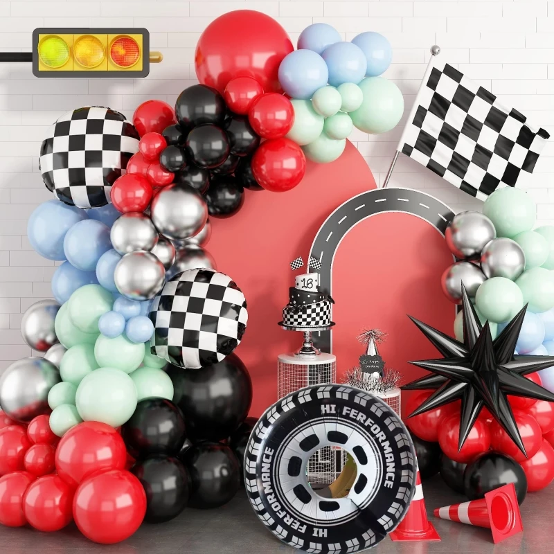 

131Pcs A set of car tires black and white checkered foil balloon wreath arch set, racing themed birthday party decoration