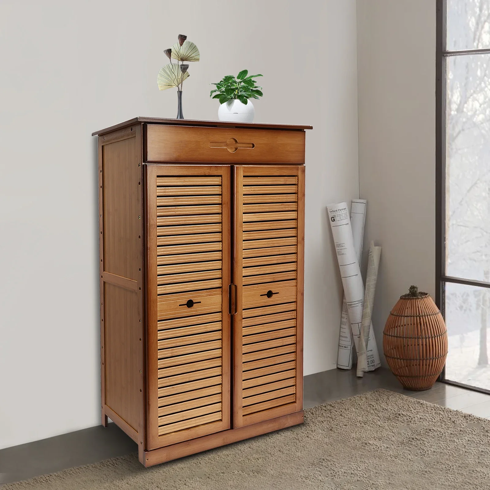 5-stufiges Bambus-Schuhregal mit Schublade und Türen – Retro-Aufbewahrungs-Organizer für den Eingangsbereich – Schuhregal aus massivem Holz für den Flurschrank