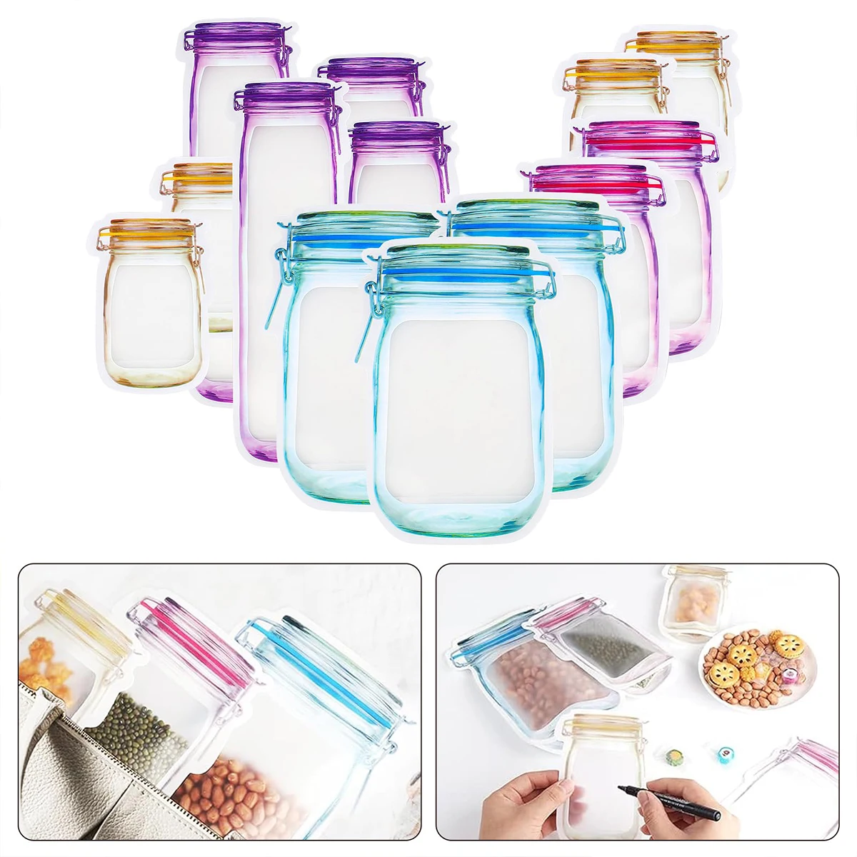 Reusable Mason Jar Bottles Bags Nuts Candy Cookies Bag Waterproof Seal Fresh Food Storage Bag Snacks Sandwich Zip Lock Bags