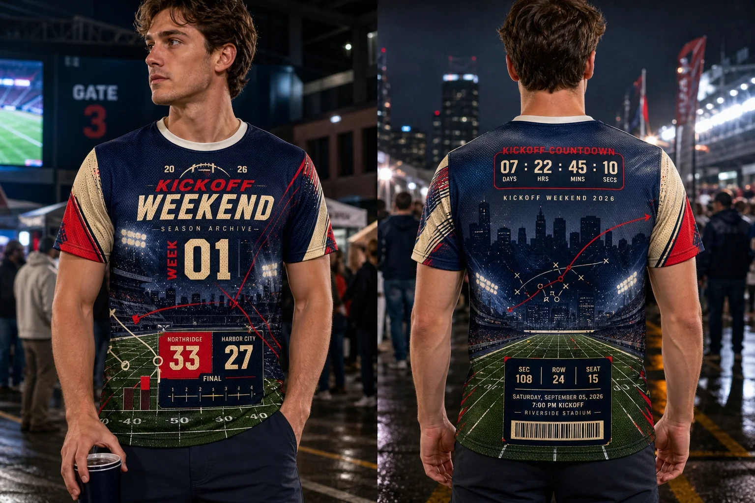 Vintage Weekend American Football All Over Print T Shirt Parent Child Retro Stadium Graphic Short Sleeve Sports Fan Casual Tee