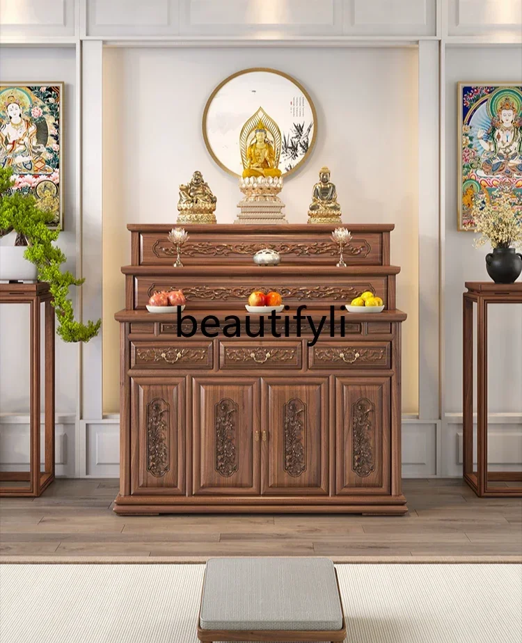 

Black walnut wood carving Tibetan three-layer table incense table new Chinese solid wood Buddhist hall entrance tribute table