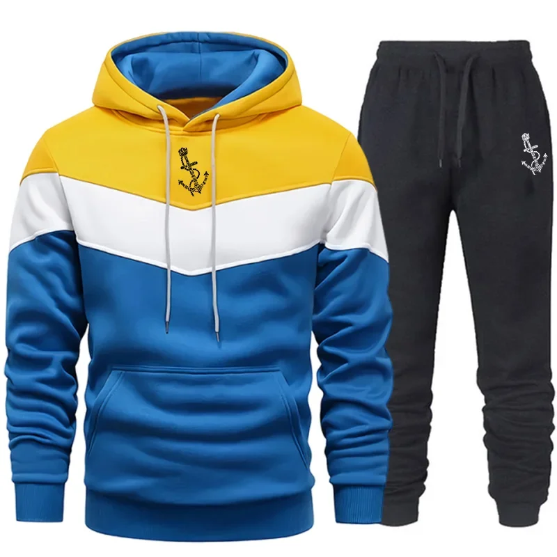 

Мужской спортивный костюм, модная осенне-зимняя качественная толстовка с капюшоном, трехцветная одинарная толстовка и брюки, повседневная мужская удобная повседневная спортивная одежда